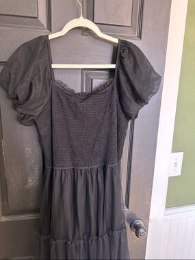 Smocked Puff-Sleeve Black Midi Dress